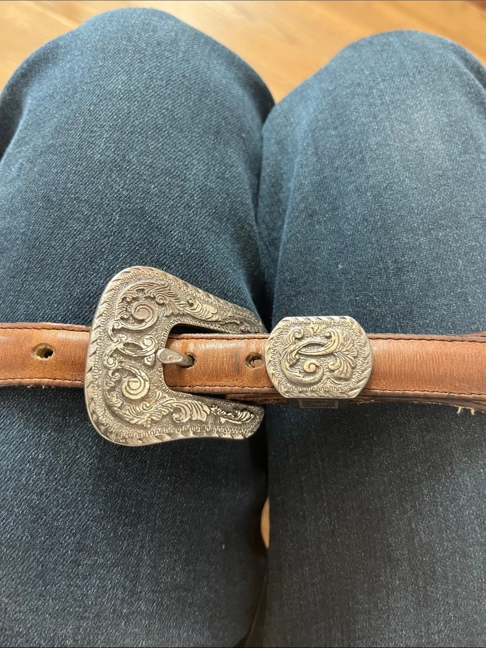 Justin Boots size 30 Brown Leather Belt with Decorative Silver Buckle